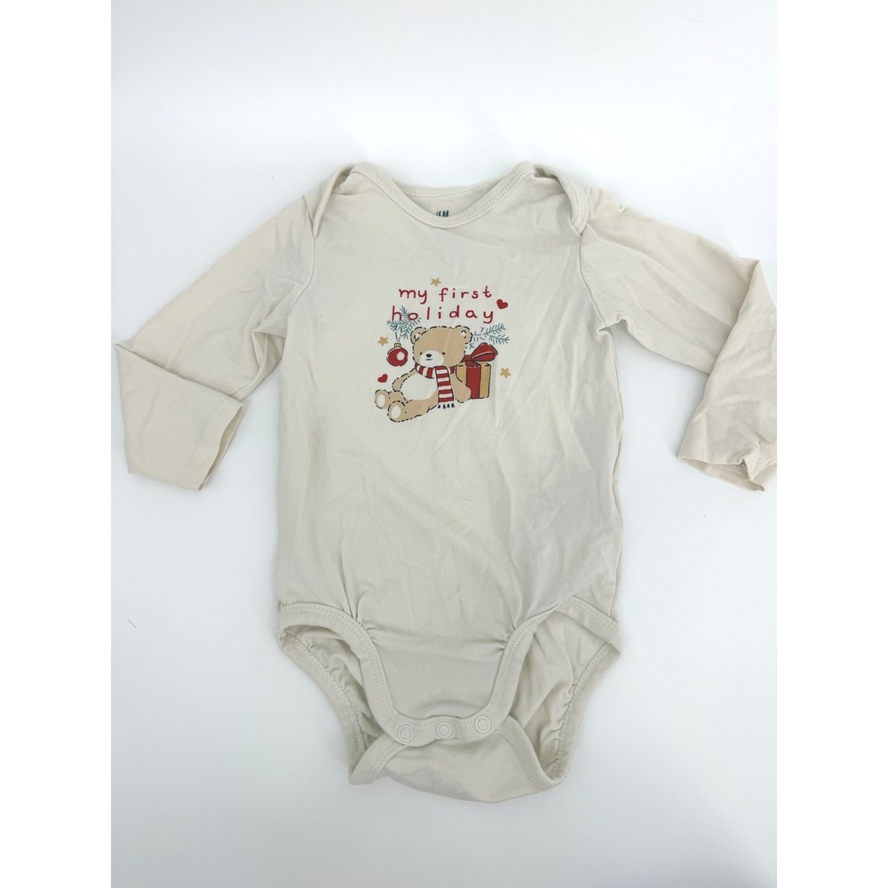 H&M Baby My First Holiday Organic Cotton Bodysuit 6-9M Christmas Teddy Bear
